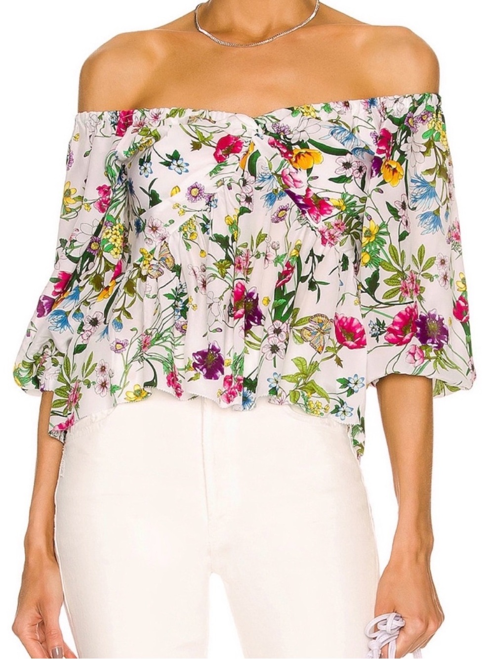 L’Agence Off-Shoulder Blouse ~ in Multi Botanical Floral Print